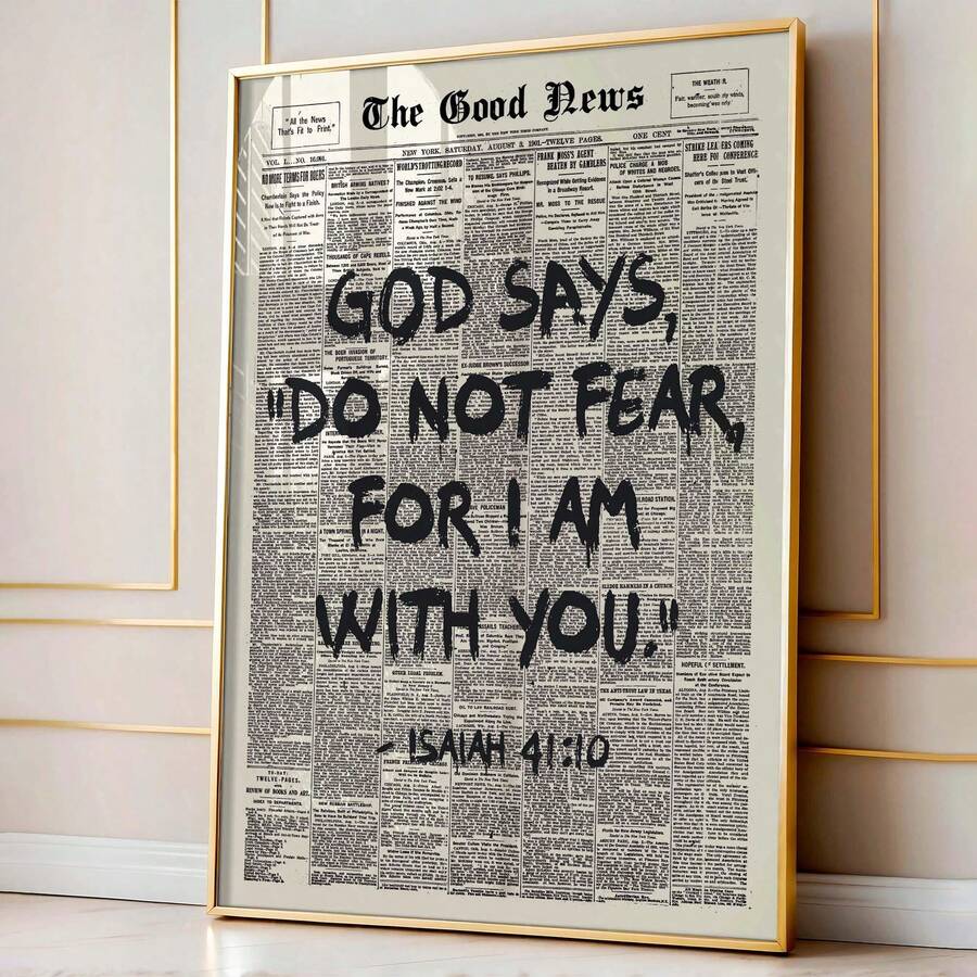 Gold frame display of black Bible verse lettering on a vintage newspaper background