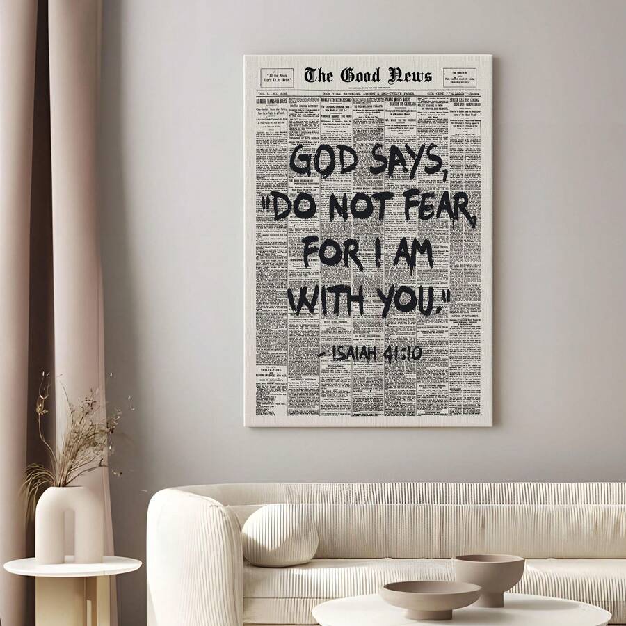 Unframed Isaiah 41:10 poster displayed above a cream sofa in a bright living room
