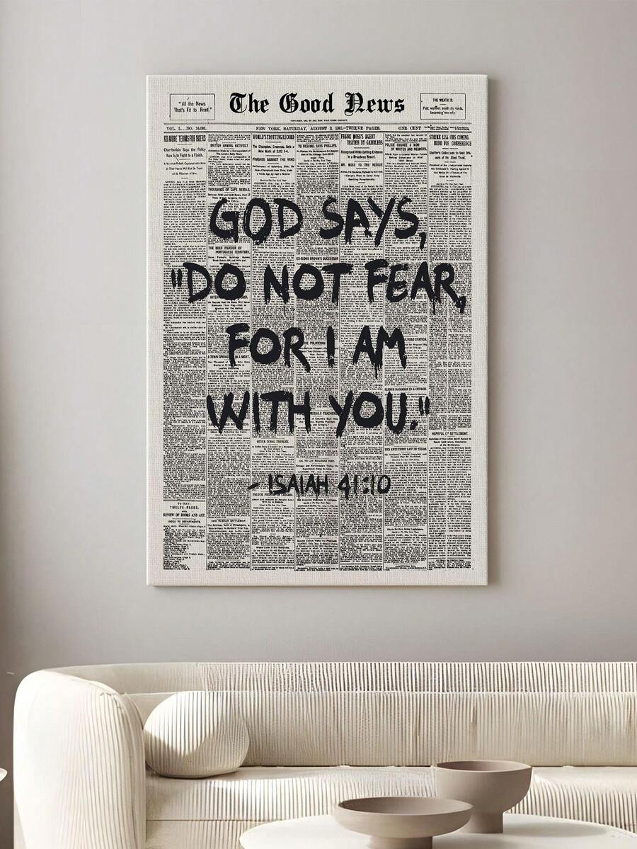 Unframed newspaper-style Isaiah 41:10 canvas with bold black lettering above a cream sofa