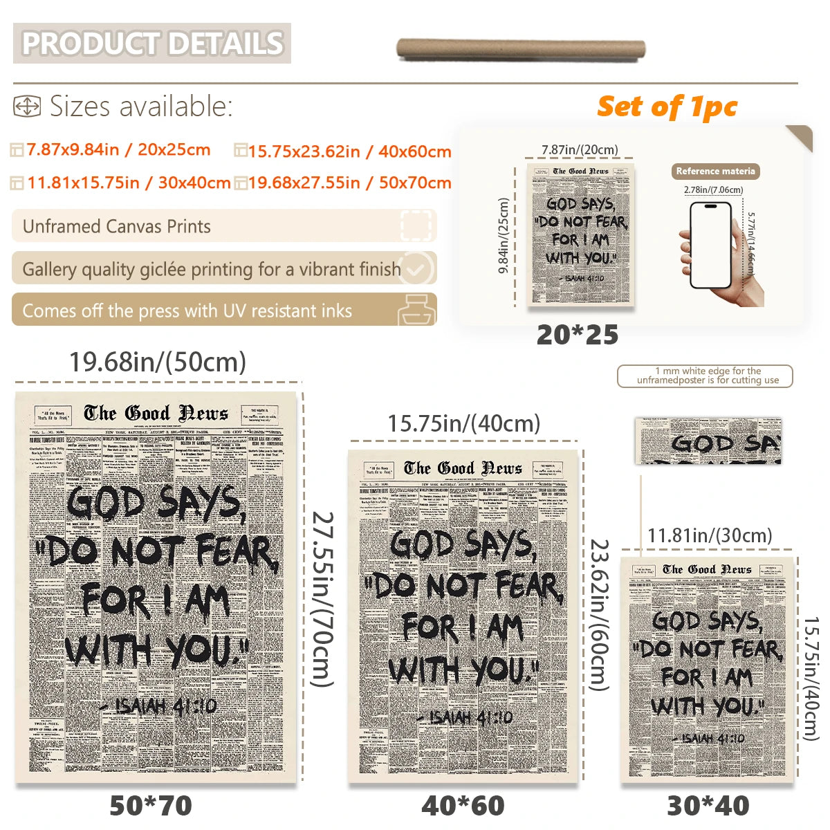 Isaiah 41:10 canvas size guide showing available framed and unframed print sizes