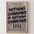 Framed Bible verse poster with oversized black lettering on cream newspaper print
