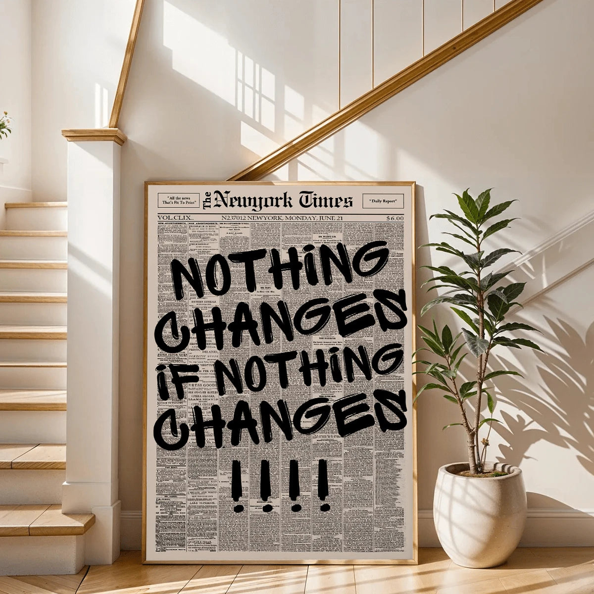 Black-framed Bible verse newspaper poster with bold typography