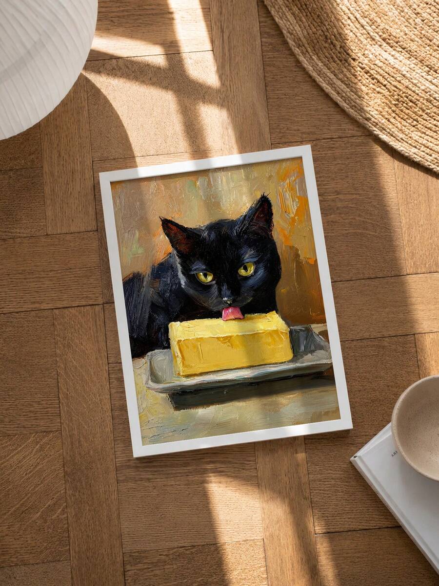 Black cat butter thief canvas poster displayed on a wood floor
