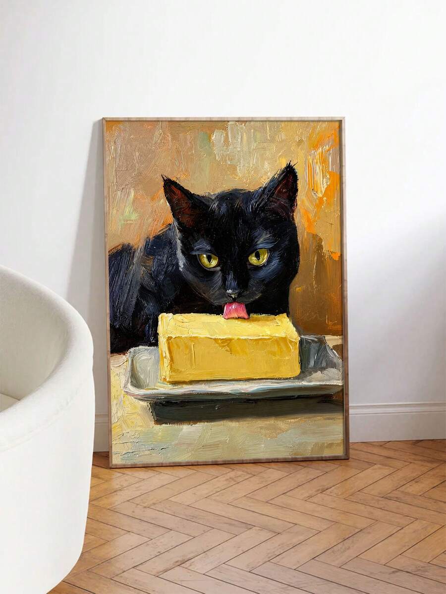Whimsical black cat butter canvas poster leaning against a white wall