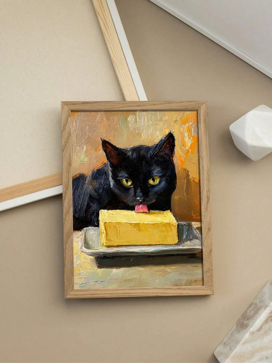 Painterly black cat licking butter artwork in a wood frame