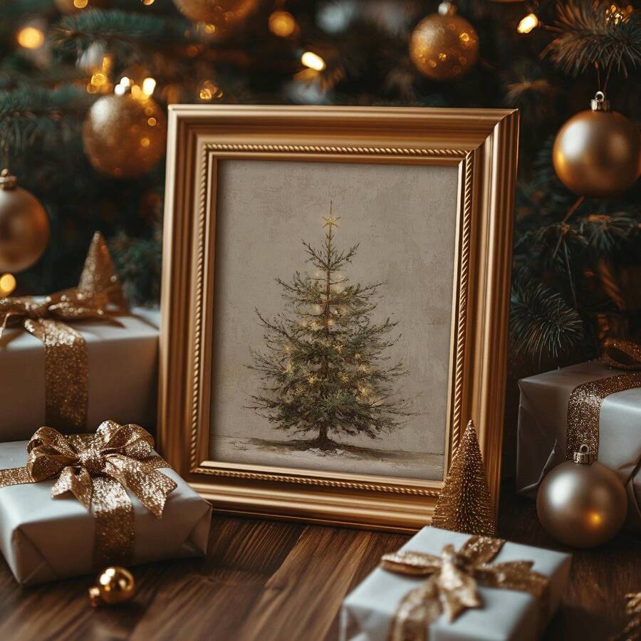 Vintage Rustic Fir Tree & Neutral Christmas Farmhouse Canvas Poster