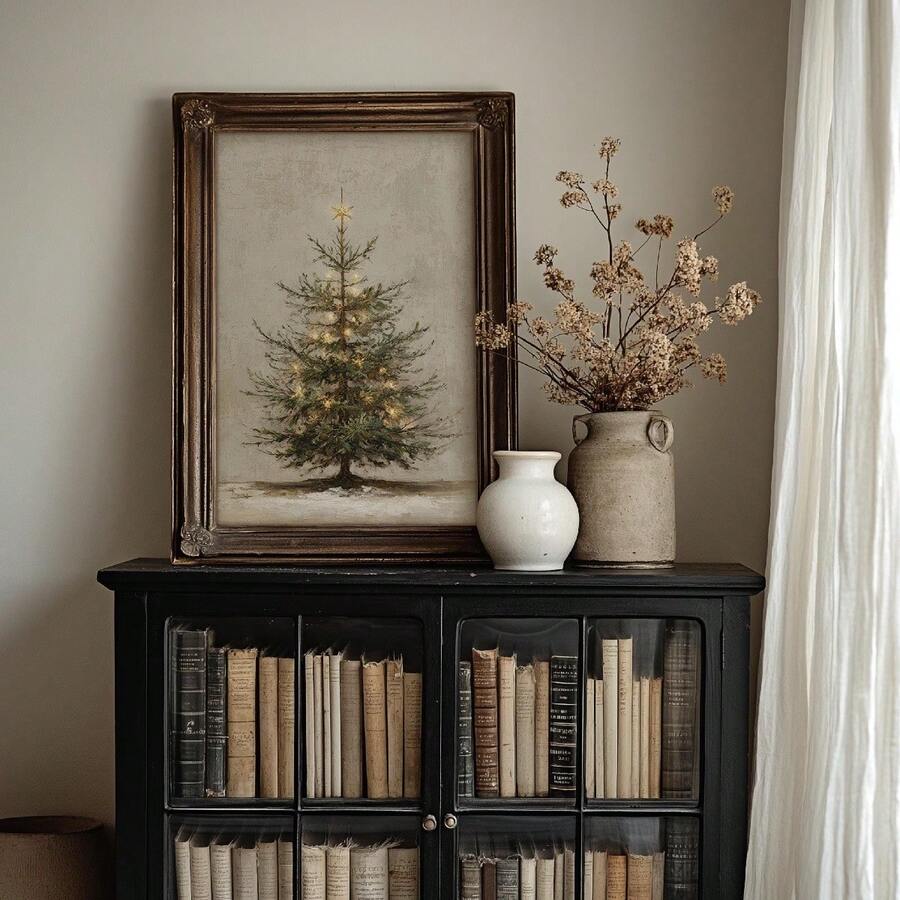 Add cozy holiday charm with a rustic fir tree Christmas Canvas Poster, perfect for neutral farmhouse decor, country homes, and winter interiors.