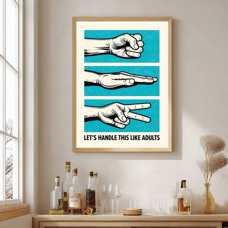 Wall-mounted funny rock paper scissors poster above liquor bottles