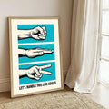 Leaning vintage blue hand gesture quote poster beside white curtains