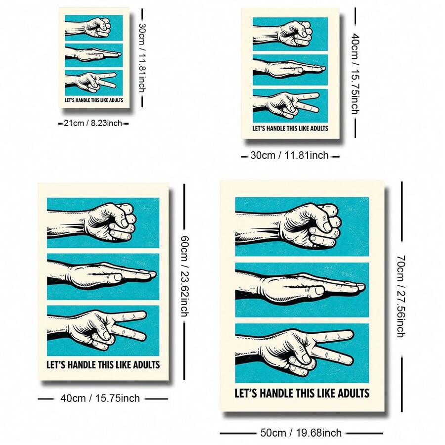 Rock paper scissors poster size guide with canvas and framed options