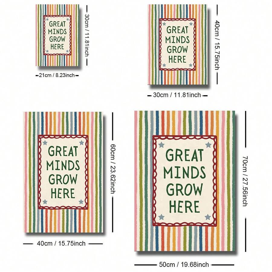 Size guide showing classroom poster dimensions and canvas, framed, and hanging options