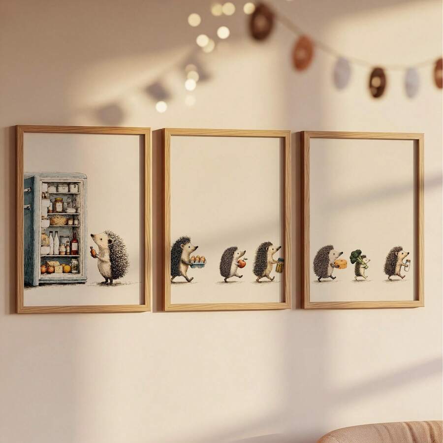 Three framed storybook hedgehog grocery posters displayed above a pale wood sideboard