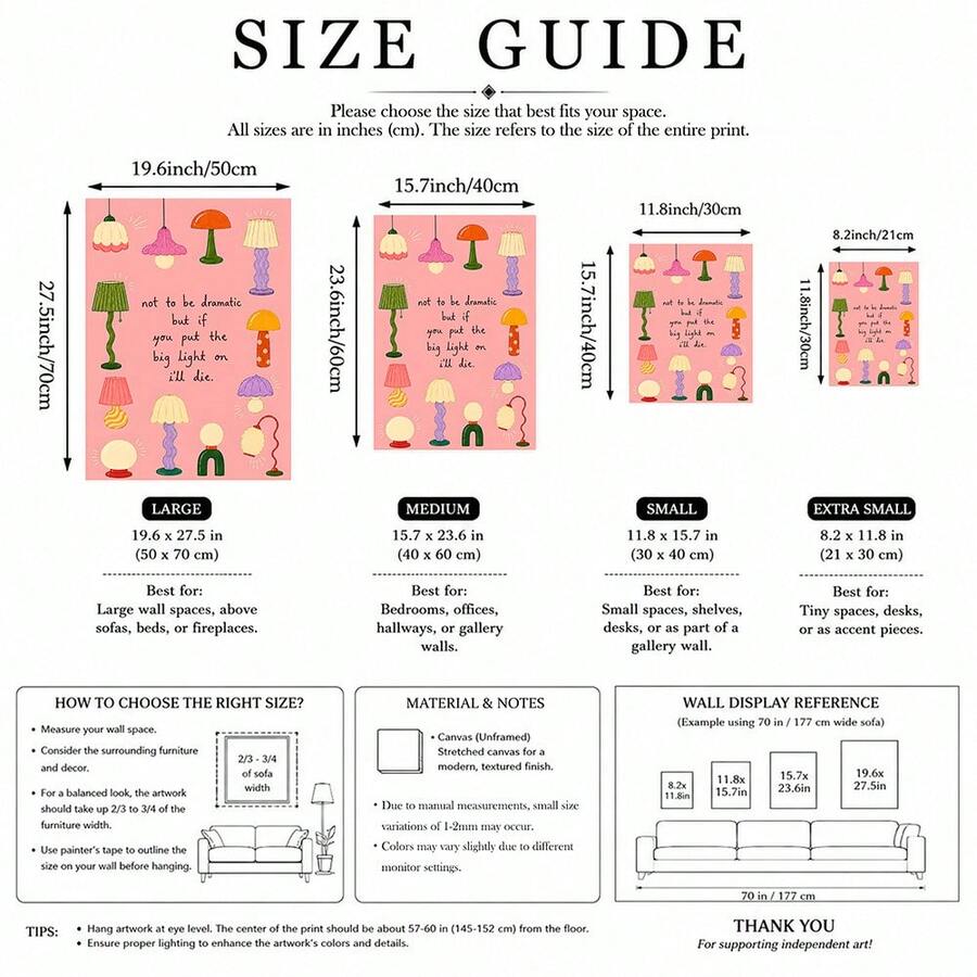 Pink retro lamp canvas poster size guide with available dimensions