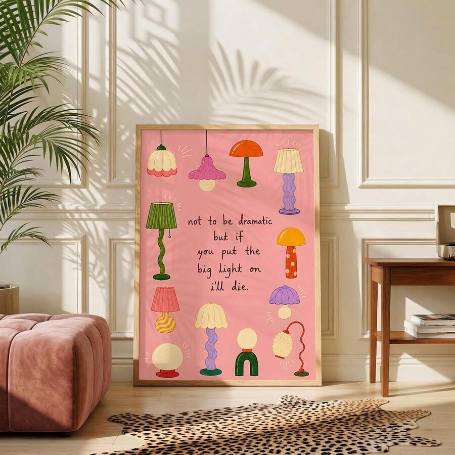 Pink retro lamp canvas poster with colorful groovy lamp illustrations and quote