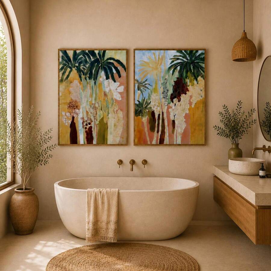 Tropical palm and white blossom canvas diptych in a Japandi living room