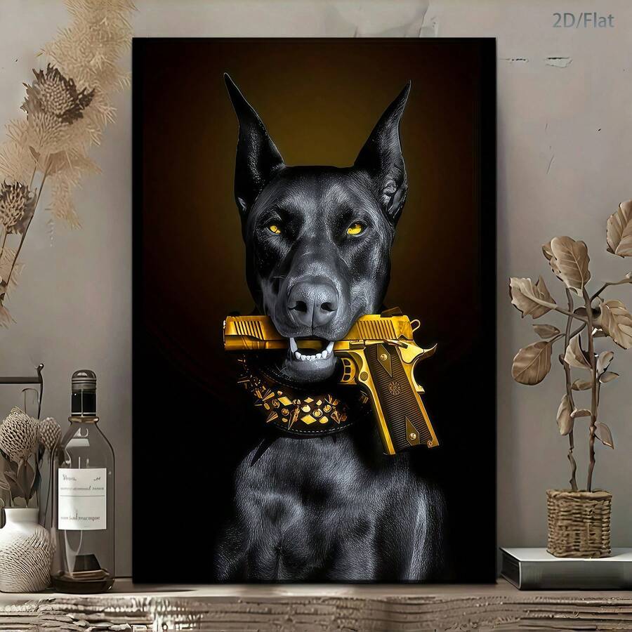 Modern Avant-Garde Luxurious Doberman & Golden Retriever Dog Canvas Poster 
