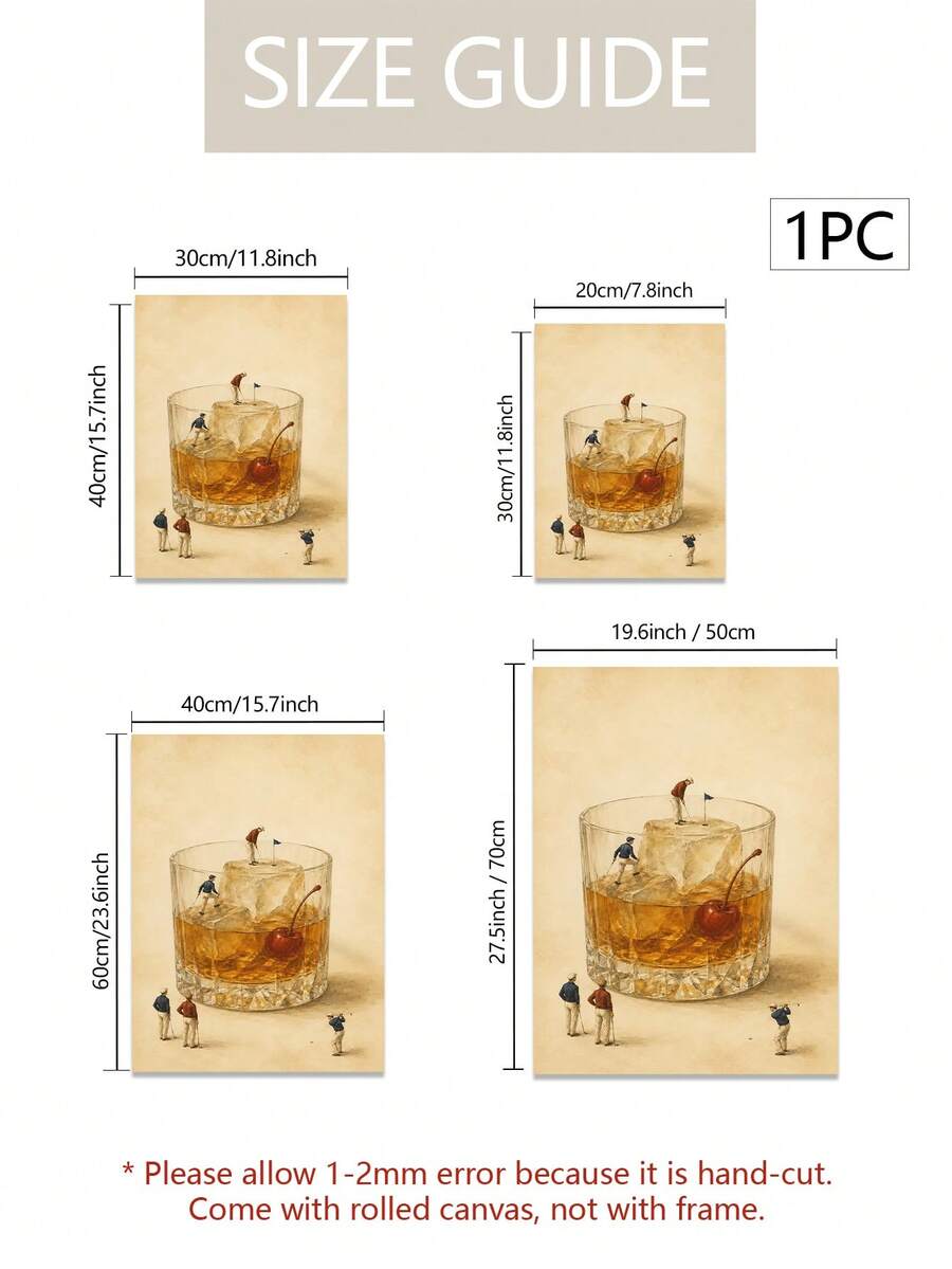 Size guide for unframed surreal whiskey golfers canvas poster in four dimensions