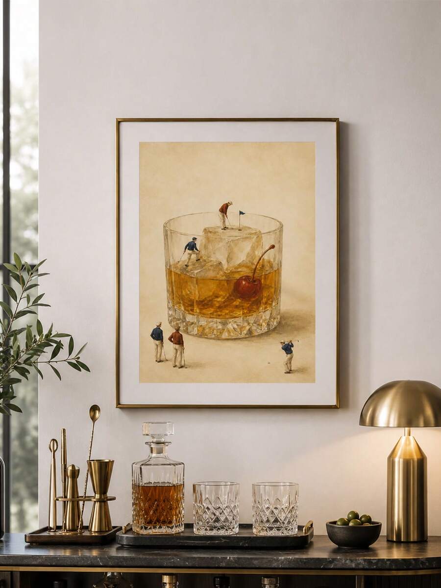 Surreal whiskey cocktail canvas poster with miniature golfers beside a brass bar cart