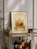 Vintage style cocktail golf canvas print styled on a bar cart with a decanter