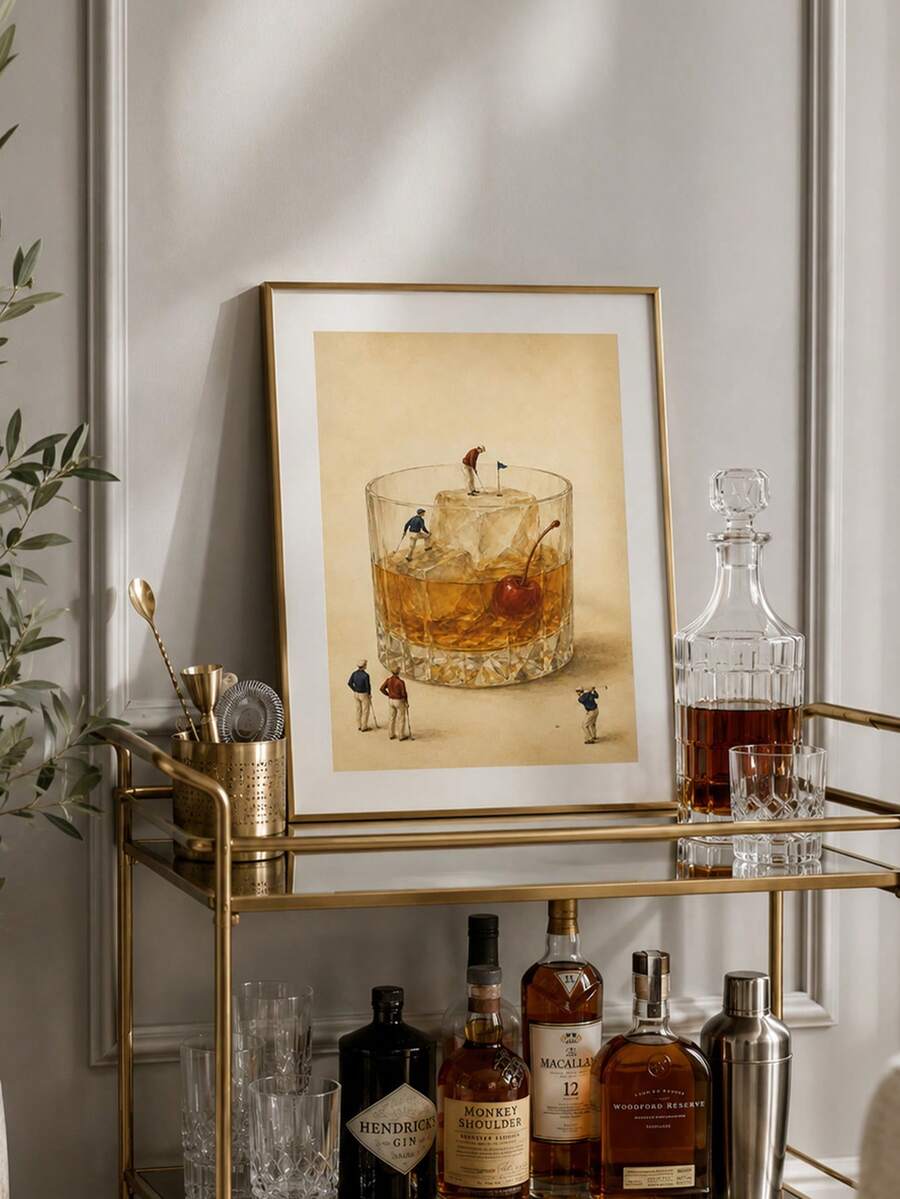 Vintage style cocktail golf canvas print styled on a bar cart with a decanter