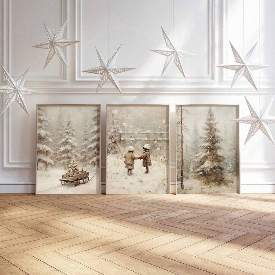 3pcs Neutral Winter Snowy Pine Cones & Kids Cottagecore Canvas Poster Set 
