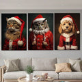 Santa cat, owl, and dog wall art in a calm living room setting