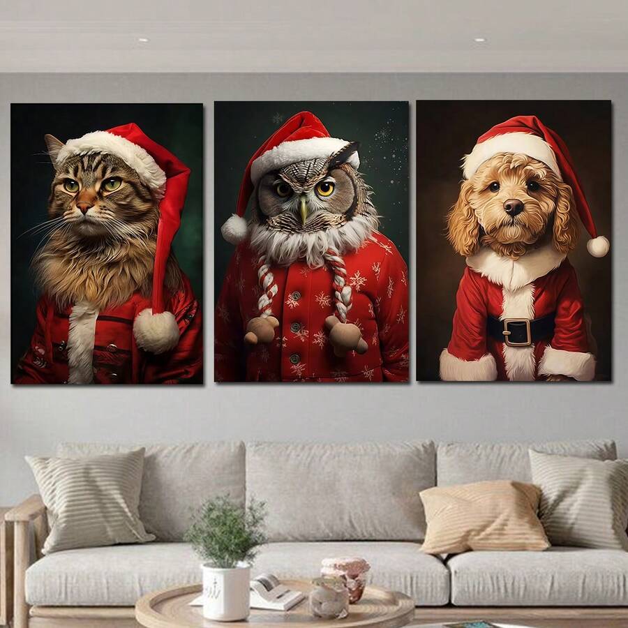 Santa cat, owl, and dog wall art in a calm living room setting
