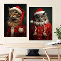 Two Santa animal portraits, a tabby cat and owl, displayed above a table