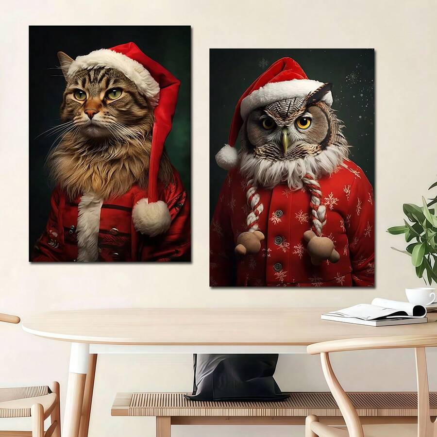 Two Santa animal portraits, a tabby cat and owl, displayed above a table
