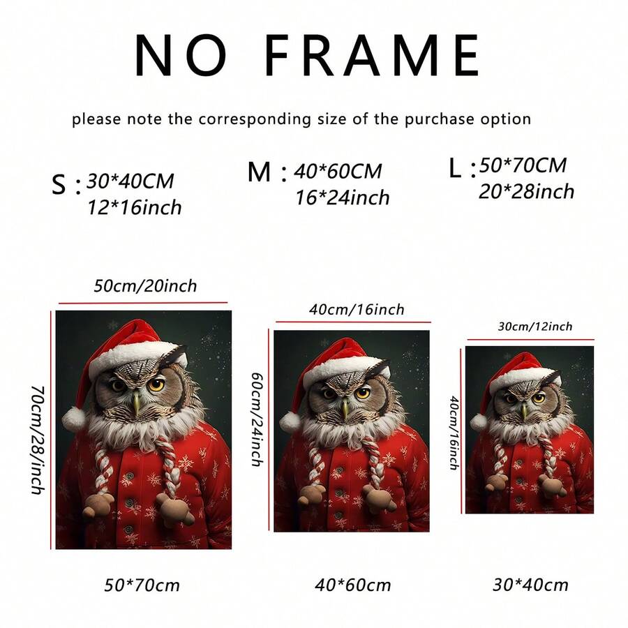Unframed size guide for the Santa owl canvas in three dimensions
