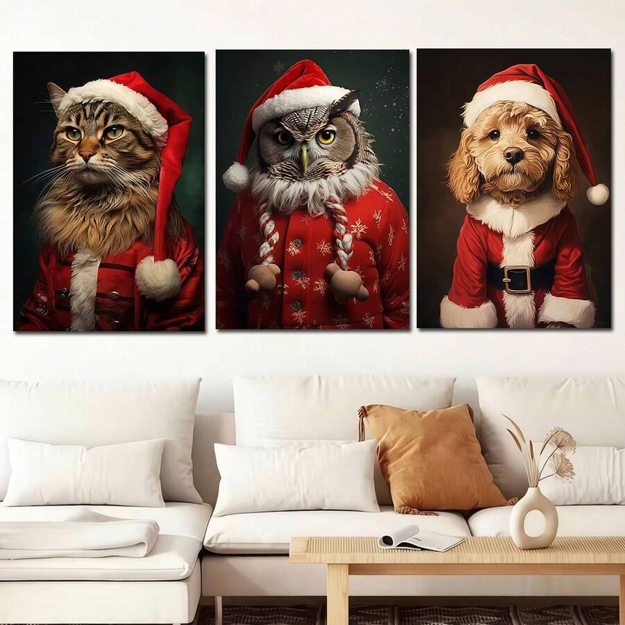 Three Santa portraits of a tabby cat, owl, and dog above a light sofa