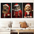 Santa-dressed cat, owl, and dog canvas set styled in a bright living room