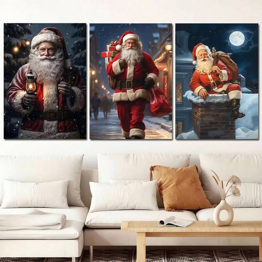 3pcs Classic Santa Claus Retro Night Snow Street & Chimney Canvas Poster Set