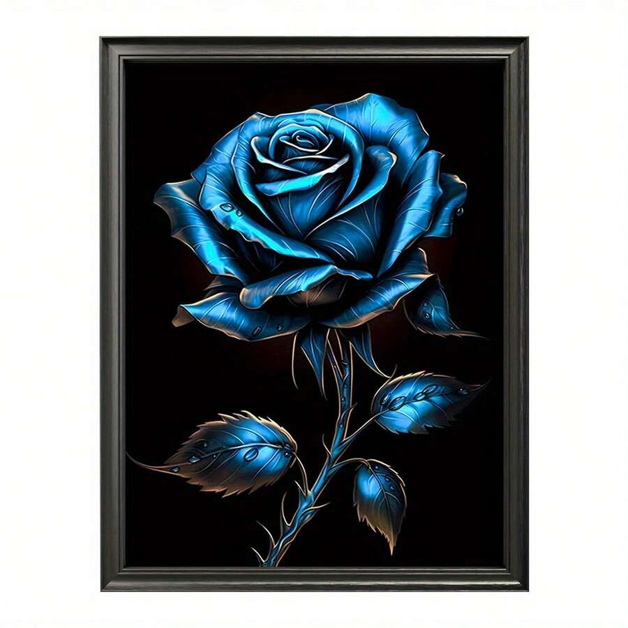 Dark framed blue rose botanical canvas poster against a white wall