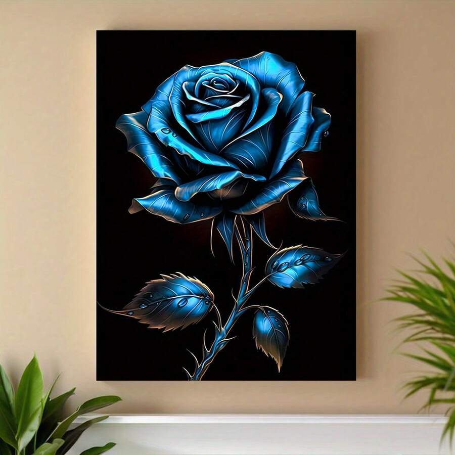 Blue rose canvas poster displayed unframed on a warm neutral wall