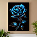 Blue rose canvas poster displayed unframed on a warm neutral wall