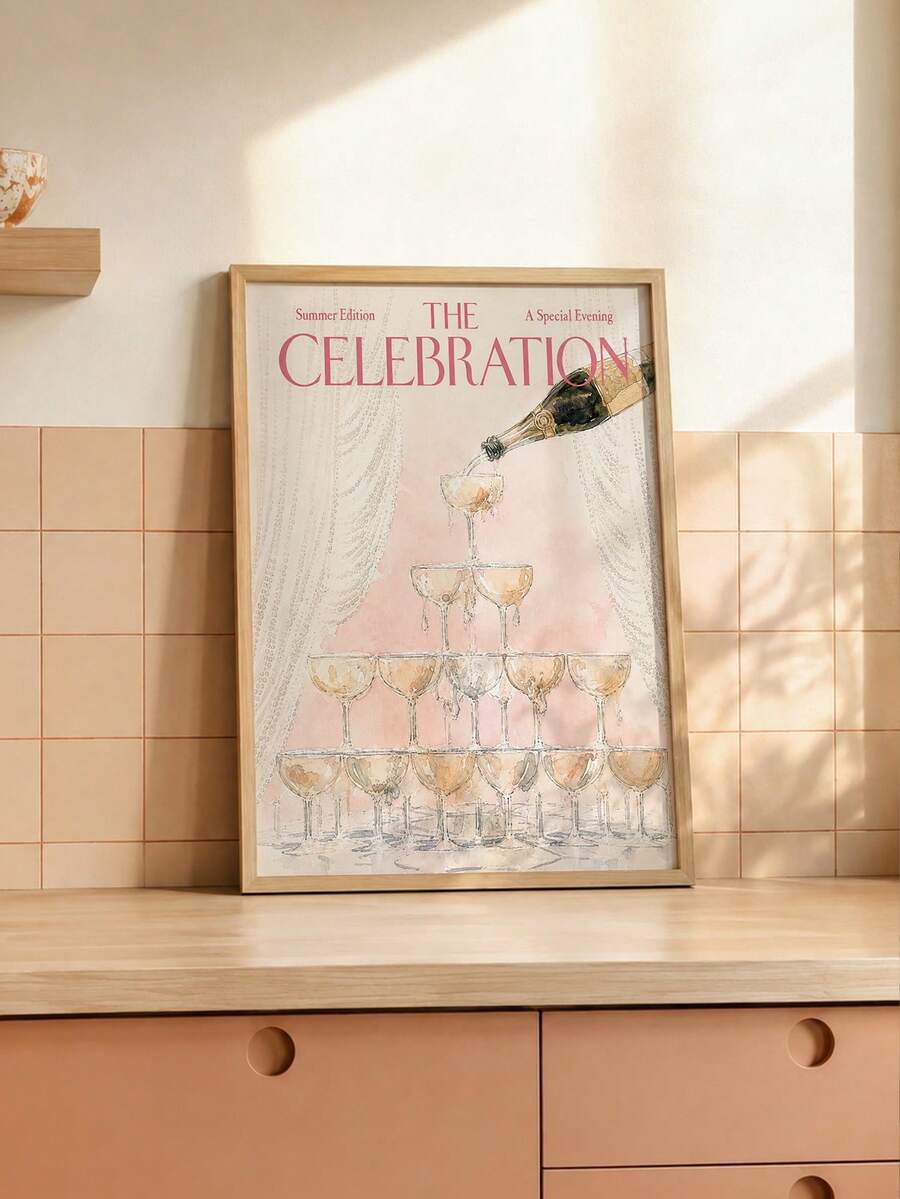 Watercolor cocktail poster displayed on a dining table in a slim wood frame