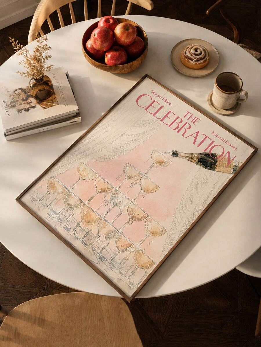 Watercolor champagne tower canvas poster with blush pink celebration artwork