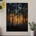 Glowing night forest wall art in a bright room with plants