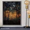 Framed glowing woodland canvas displayed near a modern floor lamp