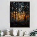 Dark forest firefly artwork framed above a decorative shelf