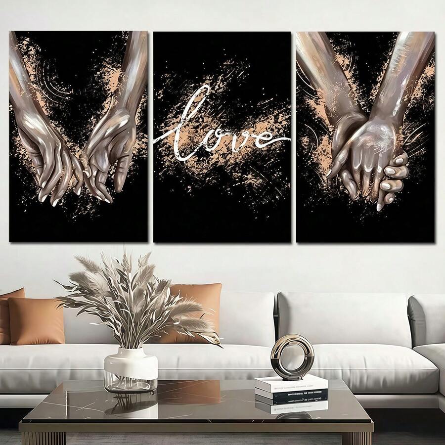 Three-piece love canvas art above a white sofa with warm neutral cushions