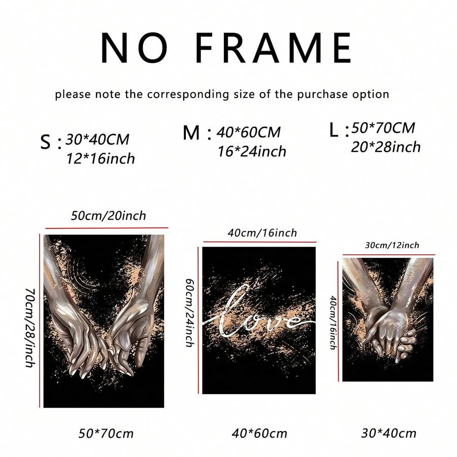 Unframed size guide comparing 30 by 40, 40 by 60, and 50 by 70 centimeter panels