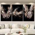 Black and gold linked-hands triptych displayed over a bright living room sofa