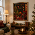 Vintage holiday interior canvas poster above a console table