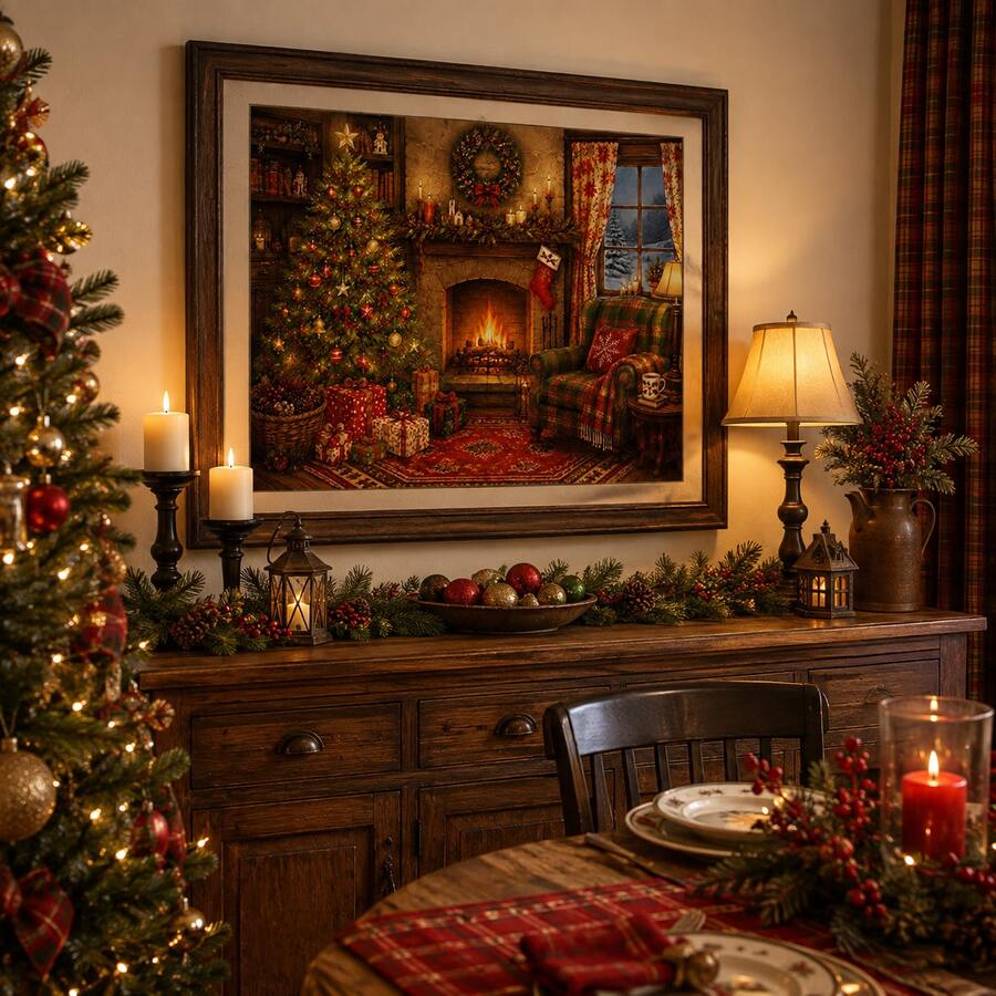 Vertical Christmas cat canvas poster in a traditional hallway