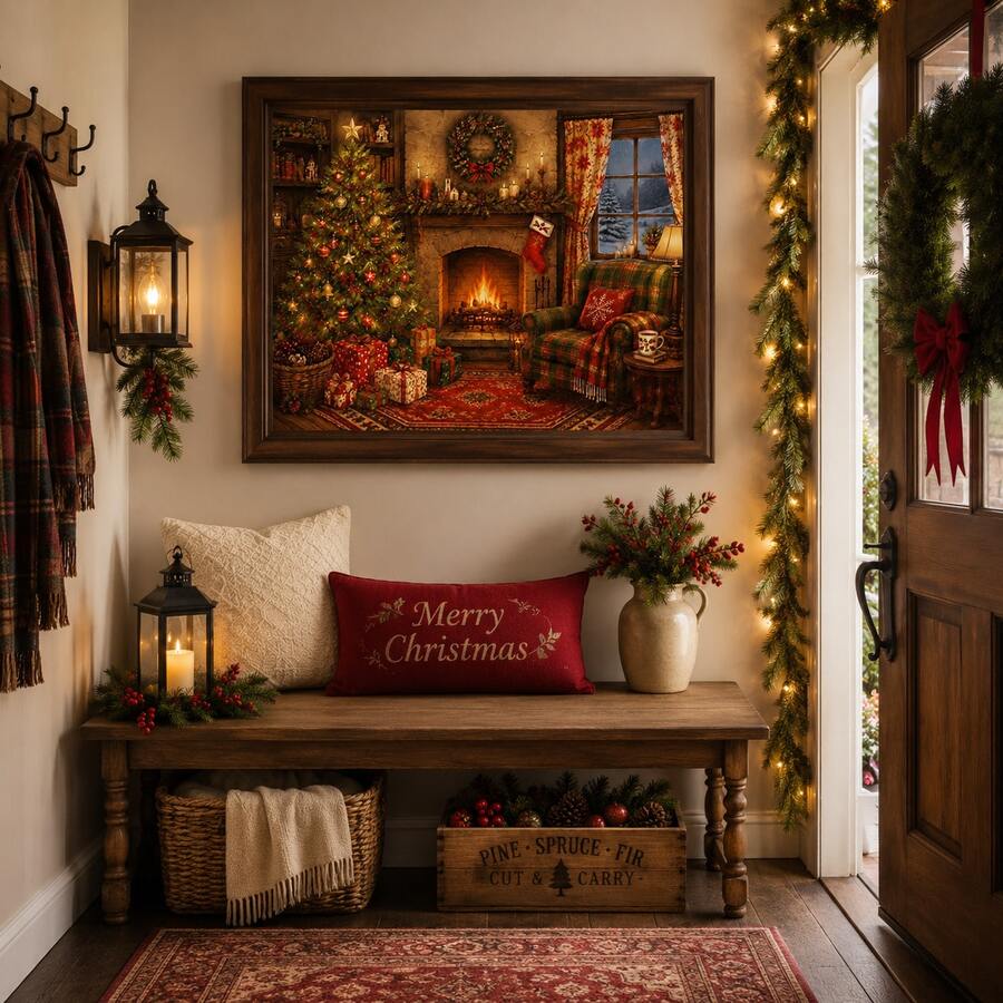 Vintage Christmas canvas poster with a sleeping cat by a fireplace in a decorated living room