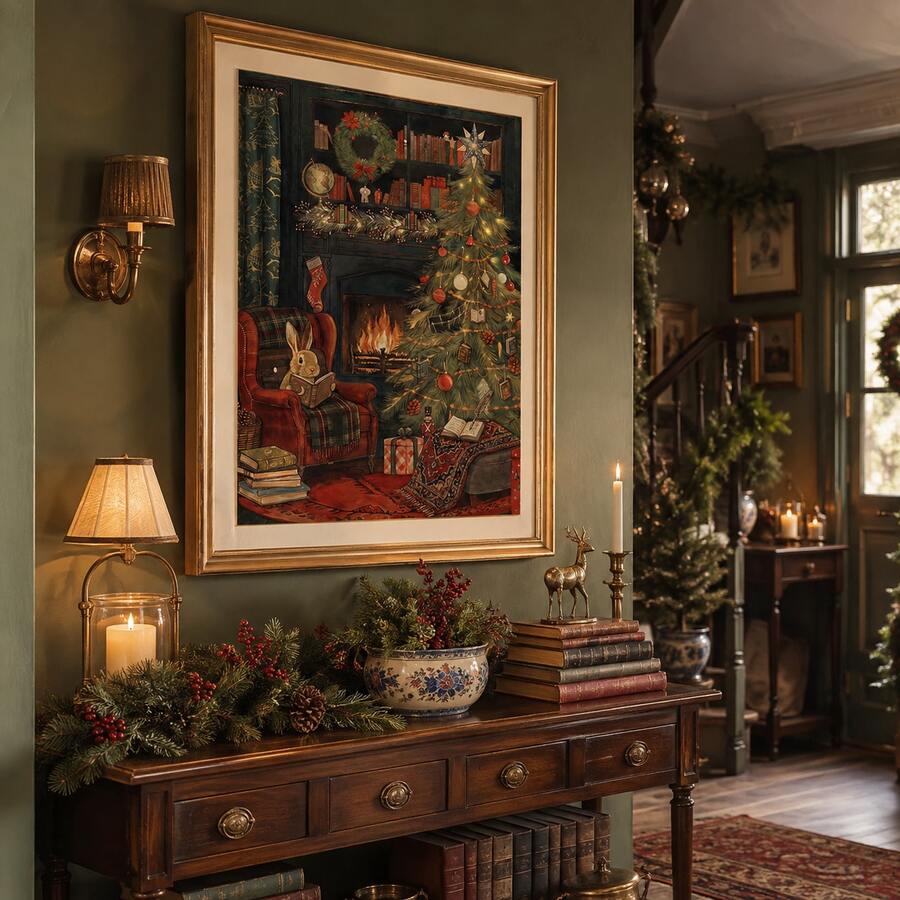 Cozy winter room artwork framed above a decorated sideboard