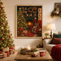 Sleeping cat Christmas poster with tree and wrapped gifts in a living room
