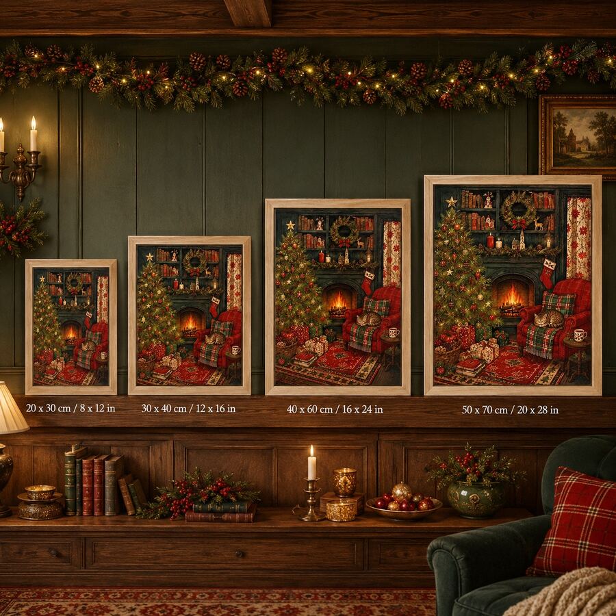 Size guide for vintage Christmas cozy interior canvas poster